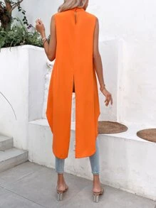 Breezaya Áo sơ mi nữ Bất đối xứng Cắt ra Cao thấp màu trơn Giải trí - Màu Cam cháy - Xem 3