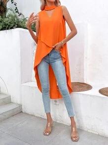 Breezaya Áo sơ mi nữ Bất đối xứng Cắt ra Cao thấp màu trơn Giải trí - Màu Cam cháy - Xem 4