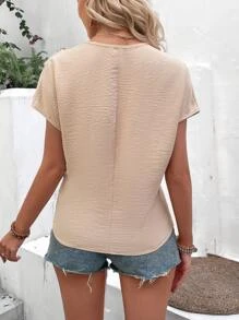 SHEIN LUNE 前扭結蝙蝠袖紐扣細節襯衫 - 卡其色 - 查看 3