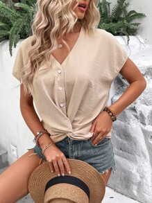 SHEIN LUNE 前扭結蝙蝠袖紐扣細節襯衫 - 卡其色 - 查看 6