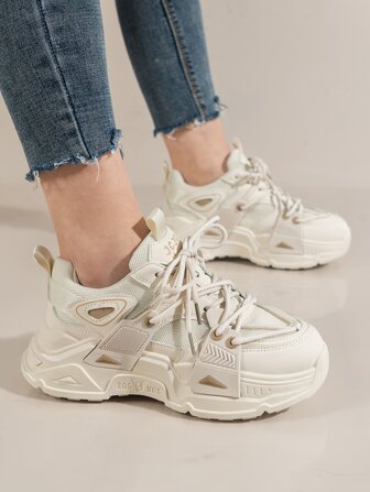 女士字母圖案老爹鞋前綁帶時尚運動鞋