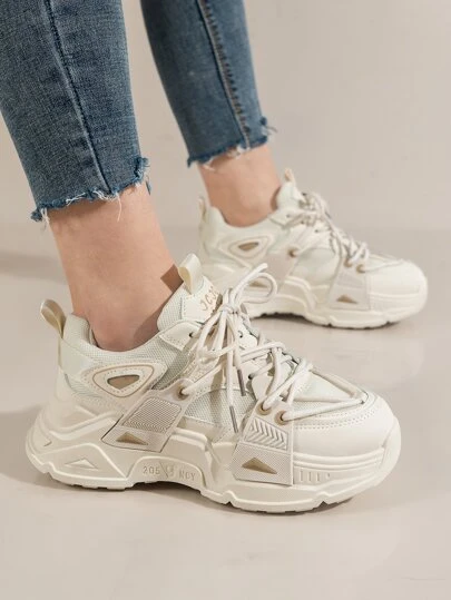 女士字母圖案老爹鞋前綁帶時尚運動鞋