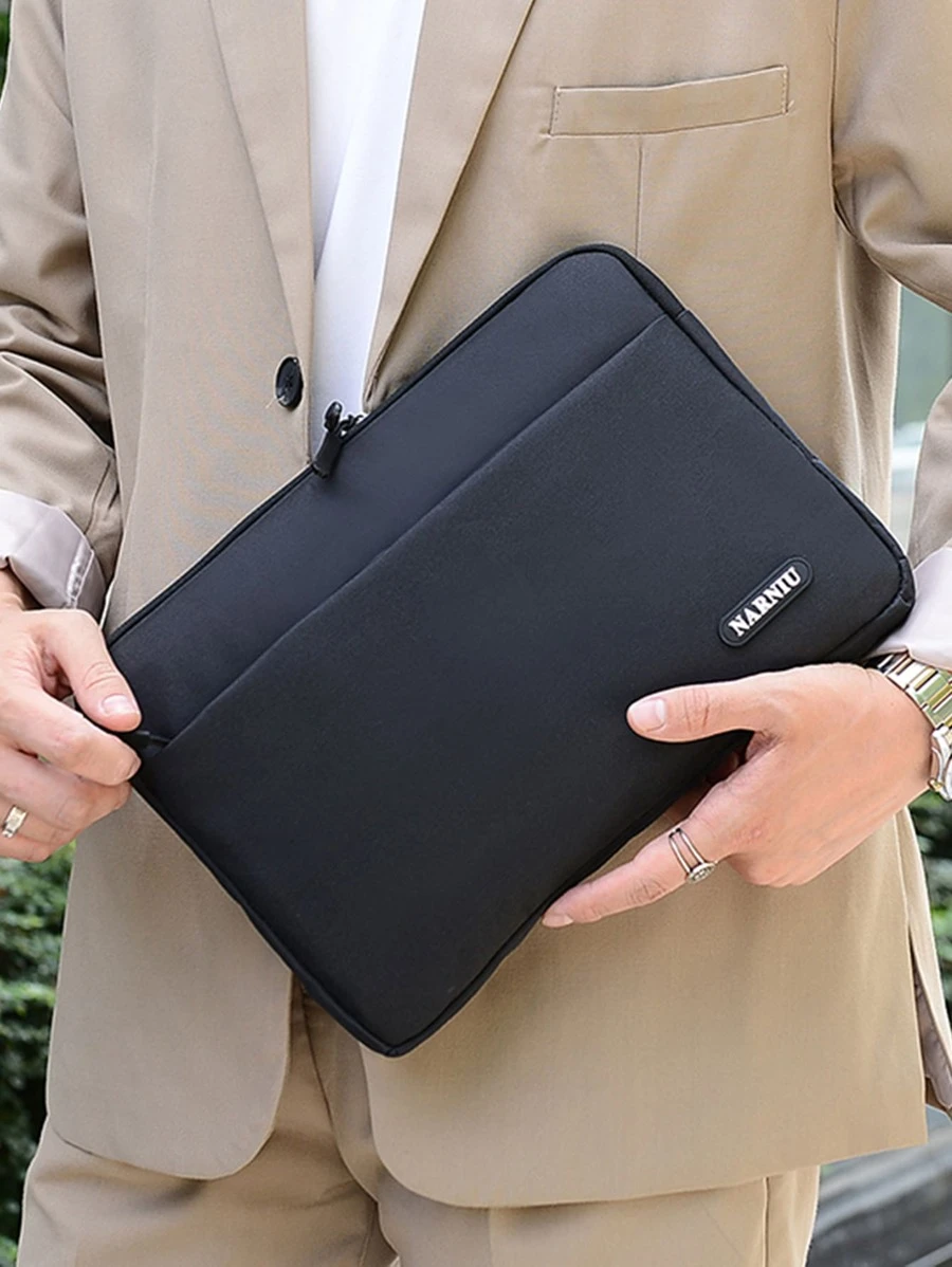 1pc 12 Inch Letter Patch Detail Waterproof Multifunction iPad Bag - Black - View 1