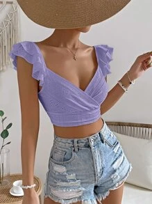 SHEIN VCAY 網眼刺繡荷葉邊雞心領口短款上衣 - 紫色 - 查看 4