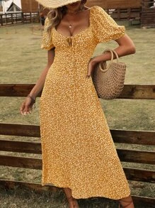 SHEIN VCAY 碎花泡泡袖前打結連衣裙 - 黃色 - 查看 1