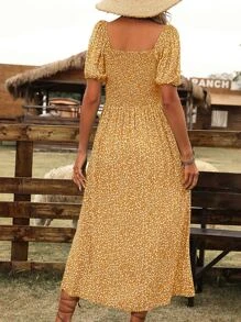 SHEIN VCAY 碎花泡泡袖前打結連衣裙 - 黃色 - 查看 2