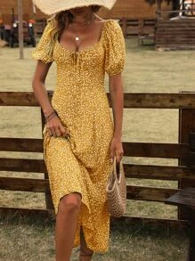 SHEIN VCAY 碎花泡泡袖前打結連衣裙 - 黃色 - 查看 3