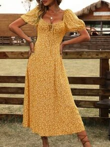 SHEIN VCAY 碎花泡泡袖前打結連衣裙 - 黃色 - 查看 4