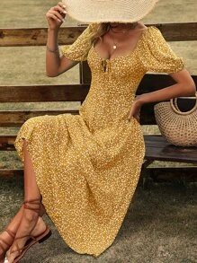 SHEIN VCAY 碎花泡泡袖前打結連衣裙 - 黃色 - 查看 5