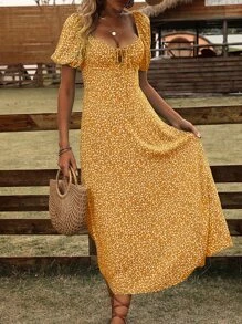 SHEIN VCAY 碎花泡泡袖前打結連衣裙 - 黃色 - 查看 6