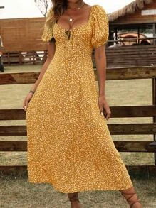 SHEIN VCAY 碎花泡泡袖前打結連衣裙 - 黃色 - 查看 7