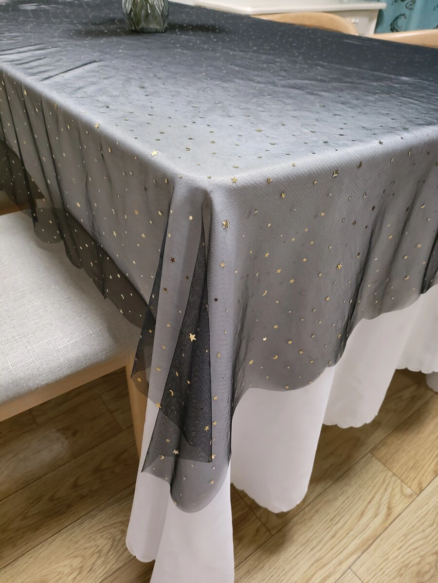 1個用於節日和日常家居裝飾的聚酯閃爍網狀桌布,帶月亮、星星圖案 - 黑色 - 查看 1
