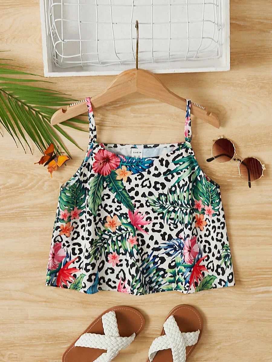 SHEIN Girls Leopard & Tropical Print Cami Top - Multicolor - View 1