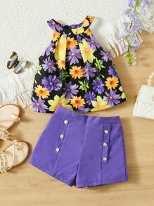SHEIN Toddler Girls Floral Print Halter Top & Shorts - Multicolor - View 2