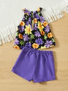 SHEIN Toddler Girls Floral Print Halter Top & Shorts - Multicolor - View 3