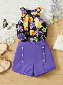 SHEIN Toddler Girls Floral Print Halter Top & Shorts - Multicolor - View 1