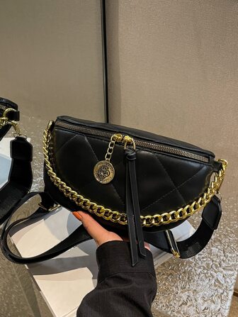 絎縫圖案鏈條裝飾腰包