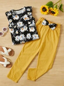 SHEIN 女孩印花荷葉邊上衣和前蝴蝶結長褲 - 彩色 - 查看 1