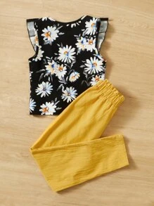 SHEIN 女孩印花荷葉邊上衣和前蝴蝶結長褲 - 彩色 - 查看 3