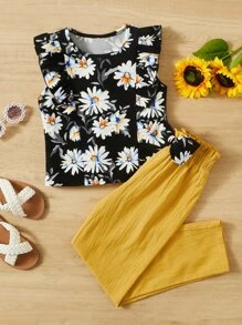 SHEIN 女孩印花荷葉邊上衣和前蝴蝶結長褲 - 彩色 - 查看 2