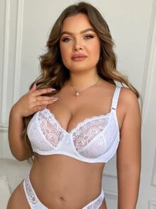 Plus Floral Lace Underwire Bra Lingerie - White - View 1
