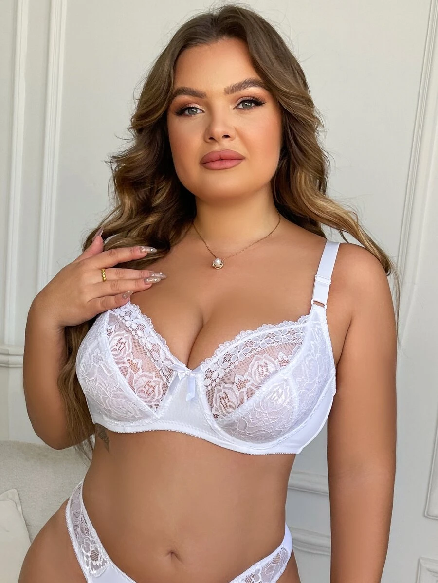 Plus Floral Lace Underwire Bra Lingerie - White - View 1