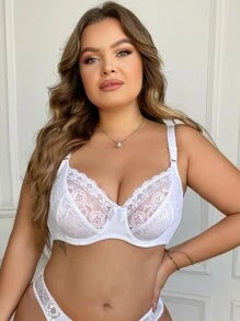 Plus Floral Lace Underwire Bra Lingerie - White - View 5