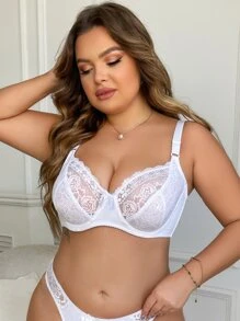 Plus Floral Lace Underwire Bra Lingerie - White - View 6