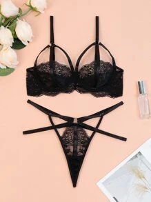 Set de lencería con encaje floral con aro - Negro - Ver 5