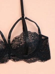 Set de lencería con encaje floral con aro - Negro - Ver 7