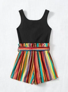 SHEIN Girls Striped Print Belted Tank Romper - Multicolor - View 4
