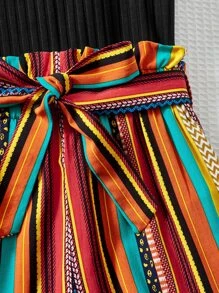 SHEIN Girls Striped Print Belted Tank Romper - Multicolor - View 3