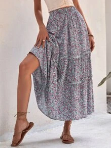 SHEIN VCAY Falda floral bajo con fruncido - Celeste - Ver 1