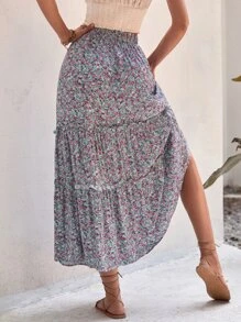 SHEIN VCAY Falda floral bajo con fruncido - Celeste - Ver 3