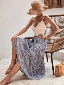 SHEIN VCAY Falda floral bajo con fruncido - Celeste - Ver 4