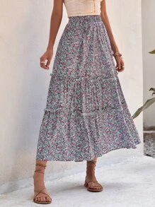 SHEIN VCAY Falda floral bajo con fruncido - Celeste - Ver 5