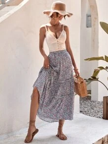 SHEIN VCAY Falda floral bajo con fruncido - Celeste - Ver 6