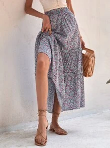 SHEIN VCAY Falda floral bajo con fruncido - Celeste - Ver 7