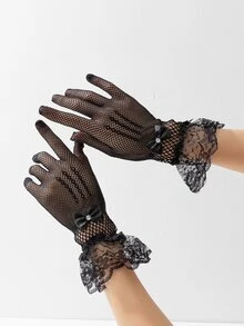 Bow Decor Hollow Out Gloves - Black - View 1