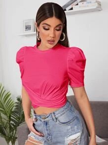 SHEIN Privé Áo thun nữ Trọn gói Hội Chữ thập màu trơn Giải trí - Màu Hồng Tươi - Xem 3