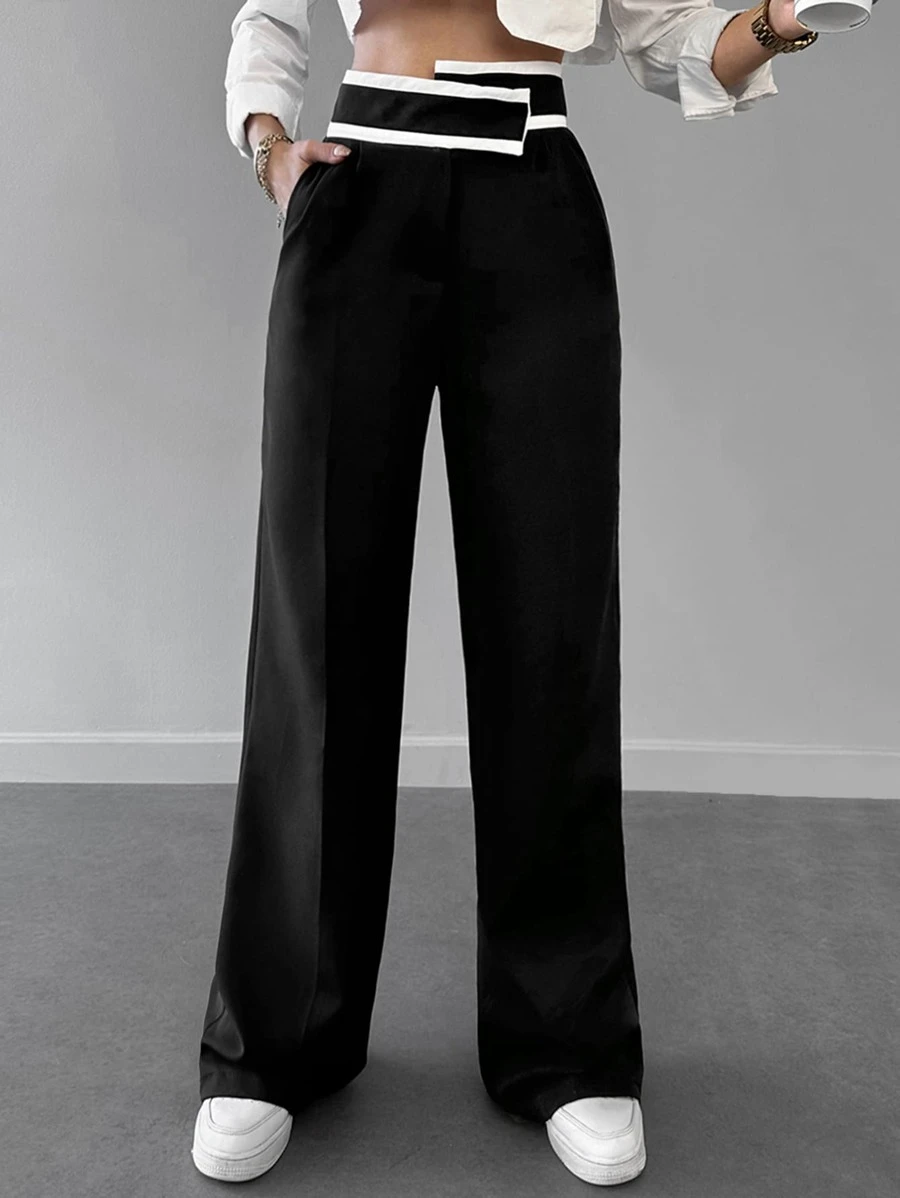 RueChic Slant Pocket Wide Leg Suit Trousers - Black - View 1