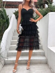 Chiquease Đầm Maxi Cami Viền Lưới Tương Phản Trang Phục Nữ - màu đen - Xem 1