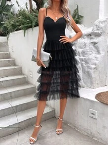 Chiquease Đầm Maxi Cami Viền Lưới Tương Phản Trang Phục Nữ - màu đen - Xem 3