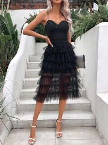 Chiquease Đầm Maxi Cami Viền Lưới Tương Phản Trang Phục Nữ - màu đen - Xem 4