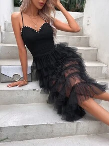 Chiquease Đầm Maxi Cami Viền Lưới Tương Phản Trang Phục Nữ - màu đen - Xem 5