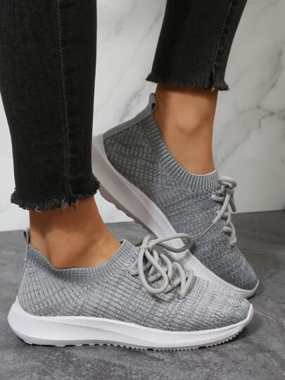 Women Running Shoes Knit Lace Up Decor Low Top Sports Shoes For Outdoor Grey