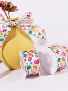 1roll Polyester Gift Wrap Ribbon, Cartoon Cute Egg Pattern Cloth Strip For Party