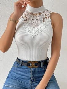 Chiquease Guipure Lace Panel Mock Neck Knit Top - White - View 3