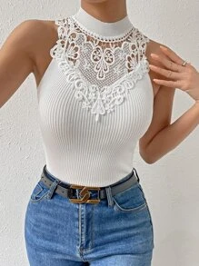 Chiquease Guipure Lace Panel Mock Neck Knit Top - White - View 5