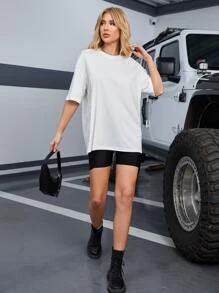 SHEIN EZwear 素色落肩袖超大號T恤 - 白色 - 查看 3